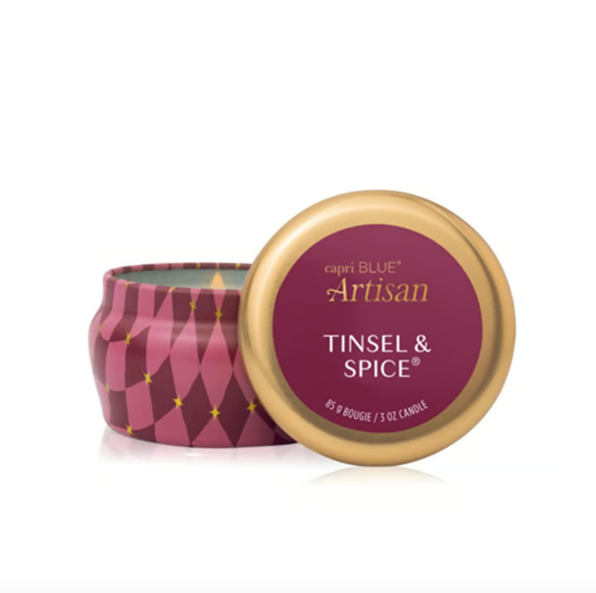 Mini tin candle with gold lid and purple 'Tinsel & Spice' Artisan label.