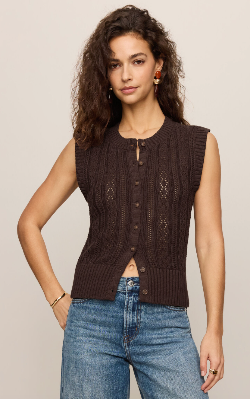 Dark chocolate crochet vest with button front, ribbed neckline, and side panels