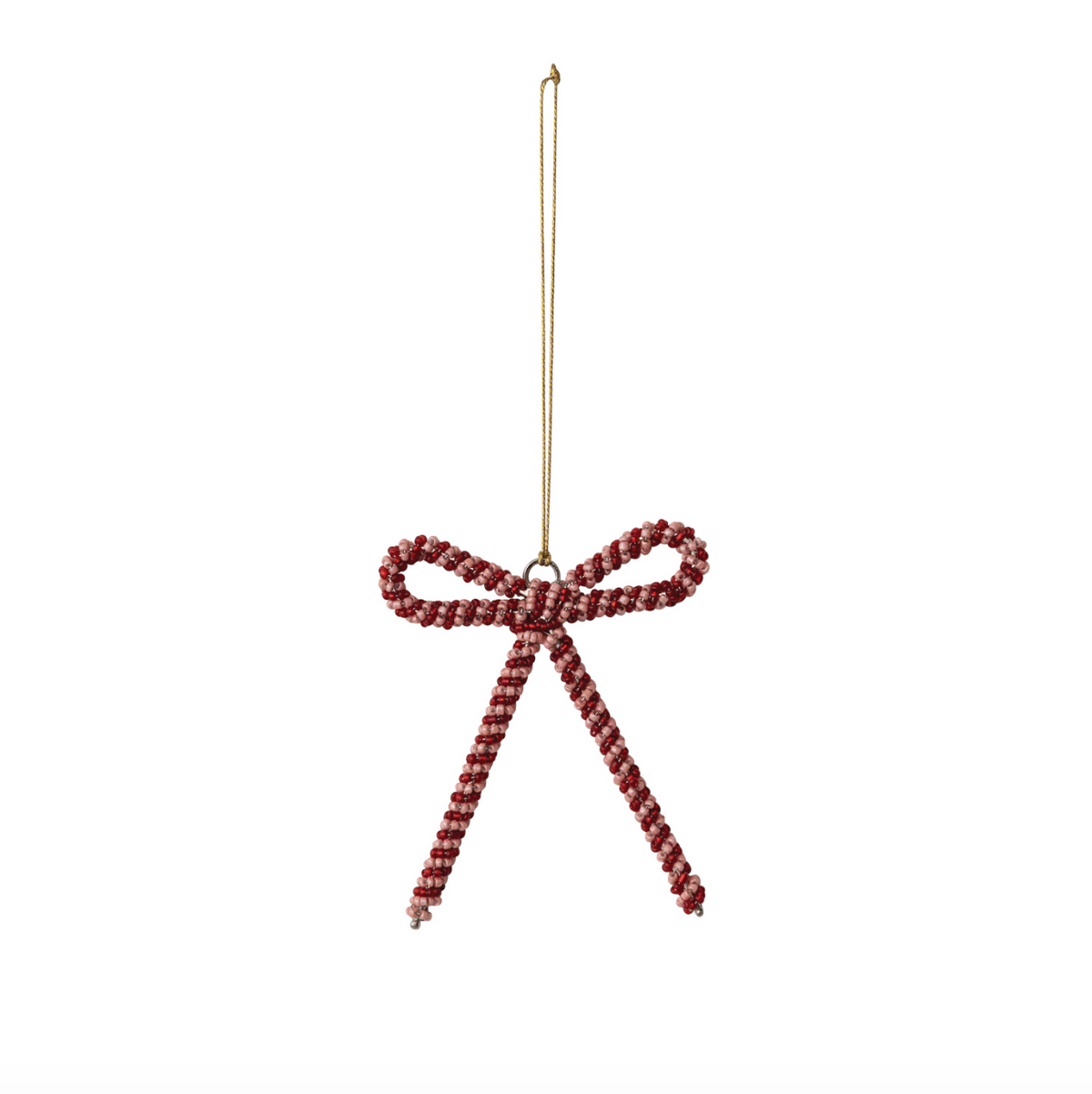 Red glass-beaded metal bow ornament with hanging gold loop