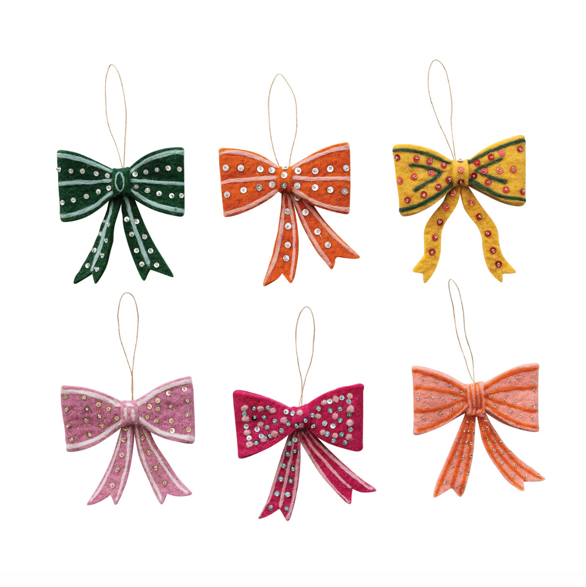 Set of felt bow ornaments with hanging loops in green, orange, yellow, purple, pink.