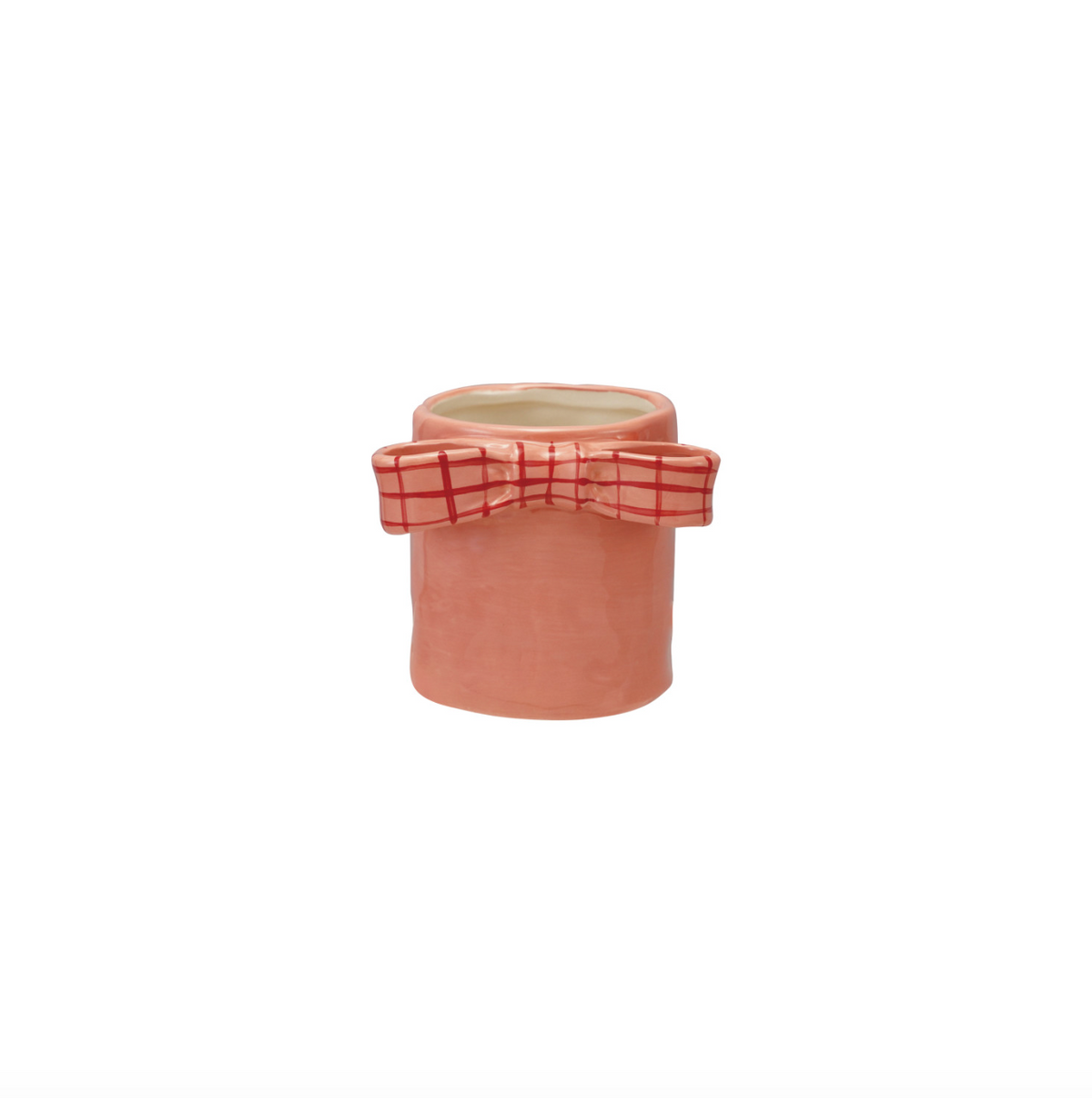 Terracotta plaid bow planter with red plaid band and bow at top