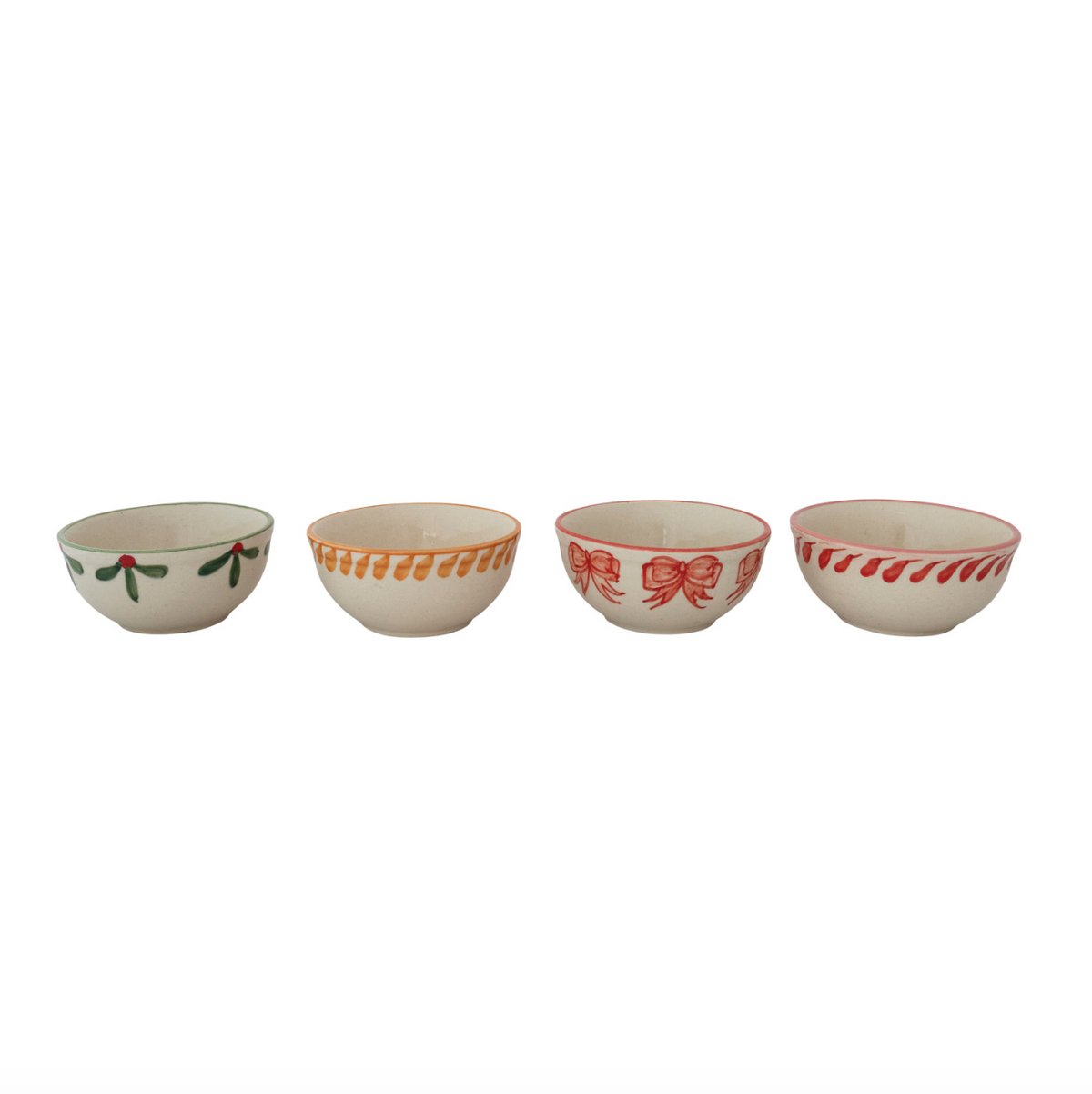 Set of 4 stoneware bowls with festive designs, cream with green and red accents