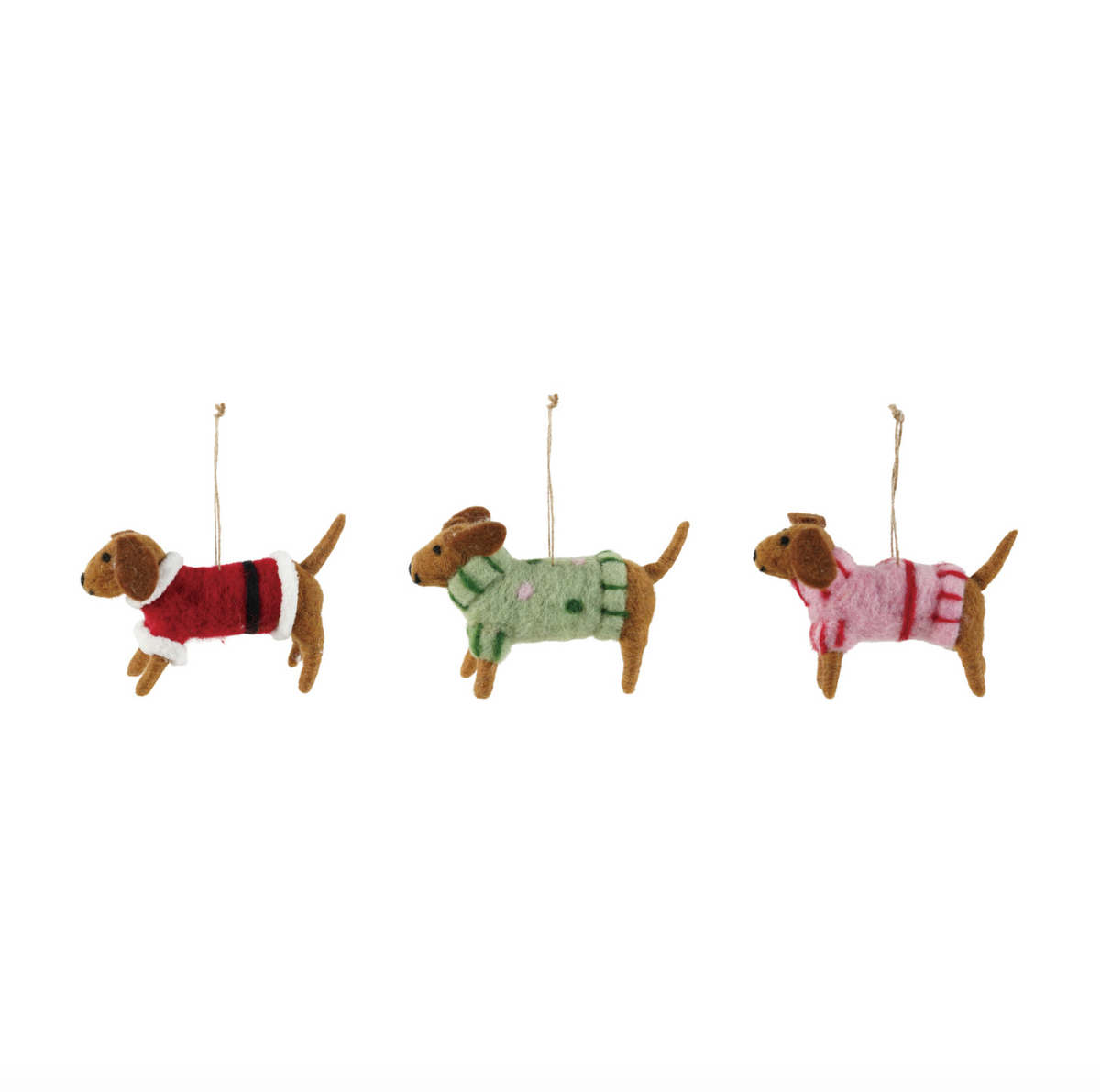 Felt dachshund ornament with red, green, and pink sweater, hanging on twine strings
