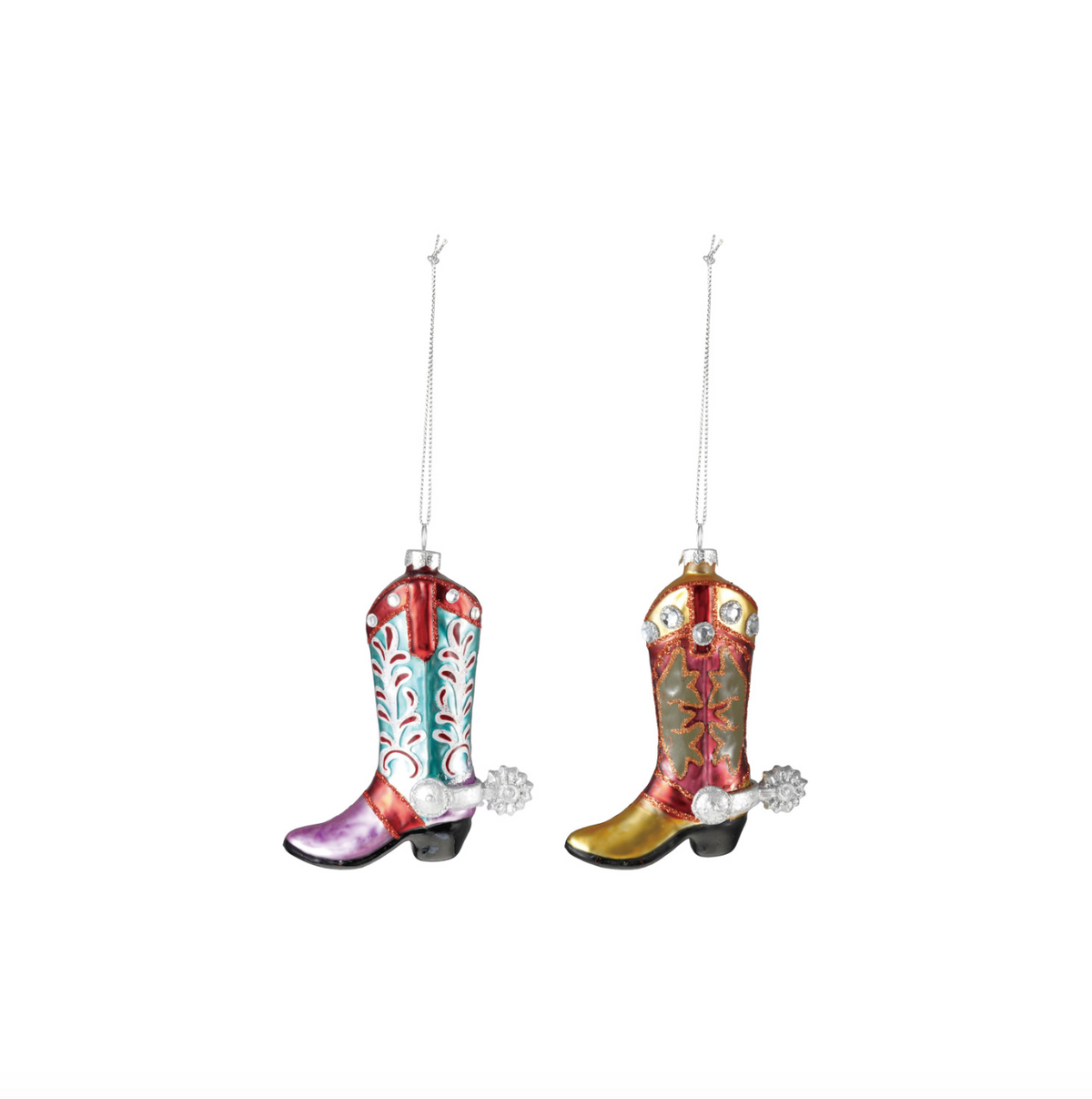 Set of western boot glass ornaments with purple-blue and gold-red designs, hanging on chains