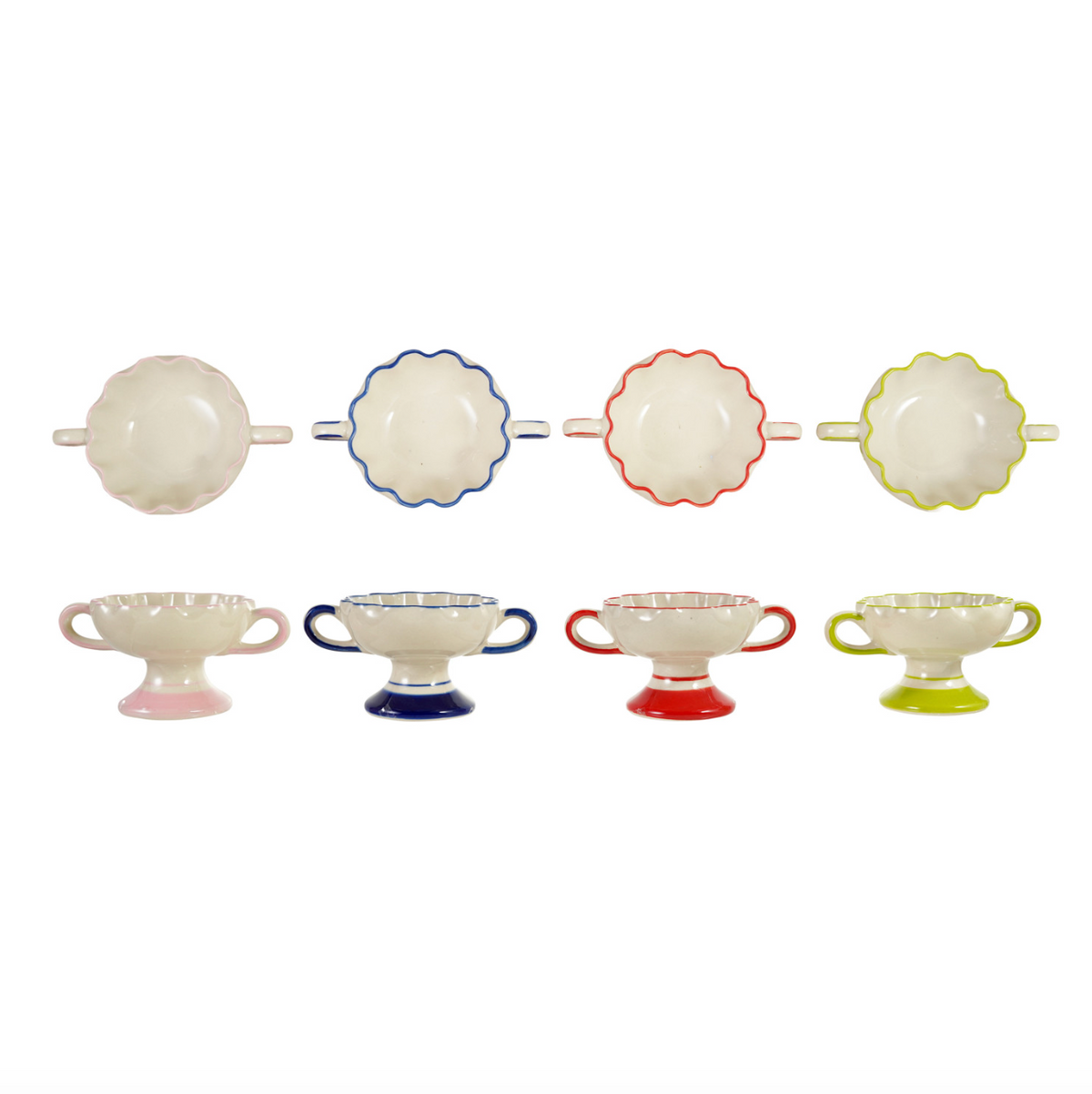 Scalloped footed bowls, white ceramic with pastel scalloped rims and side handles