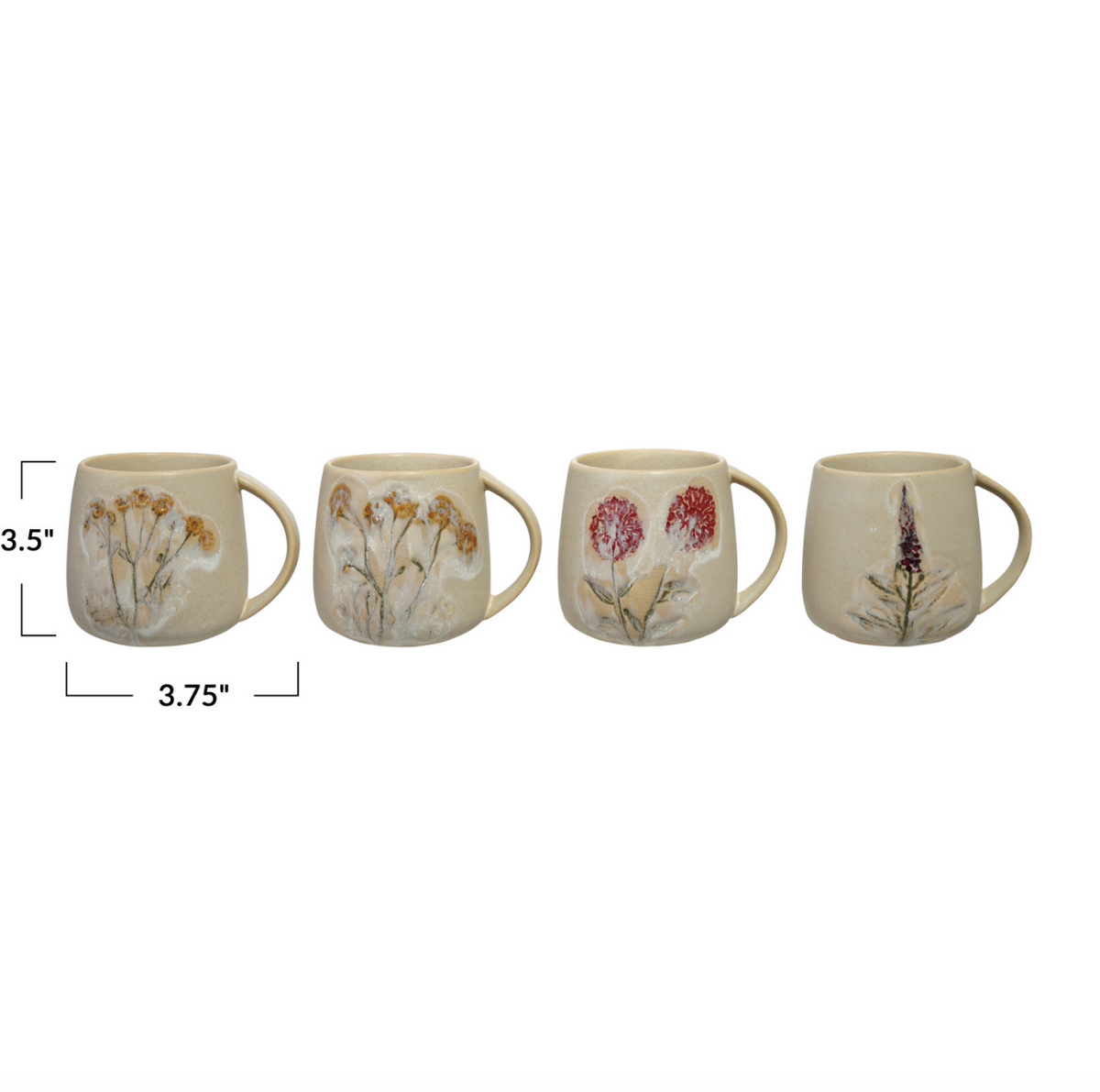 Botanical ceramic mugs, cream, shown with 3.5 in height and 3.75 in length