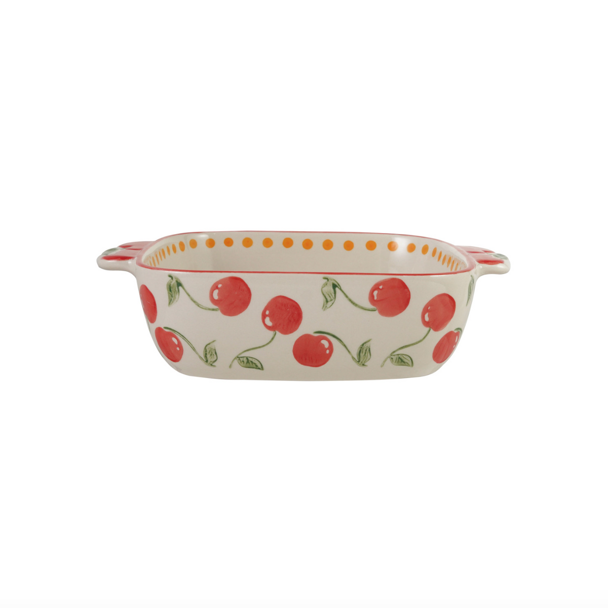 Cherry-pattern stoneware baker dish with two side handles, white base