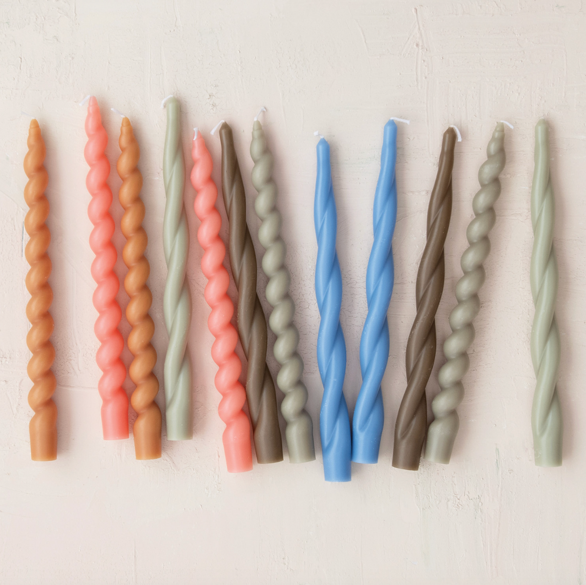 Twisted taper candles with spiral ridges, assorted colors