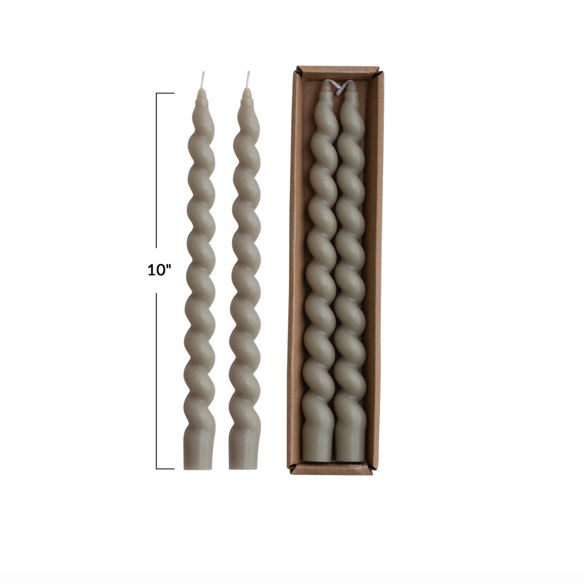Grey twisted taper candles, spiral ridged, 10 in height, 2-pack