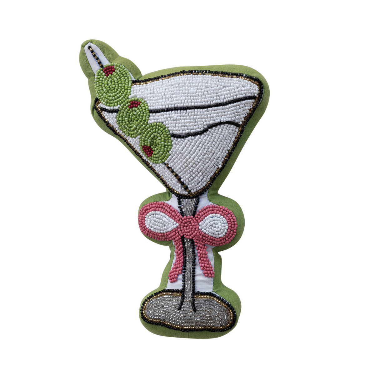 Beaded martini-shaped pillow with green border, white glass, red bow and olives