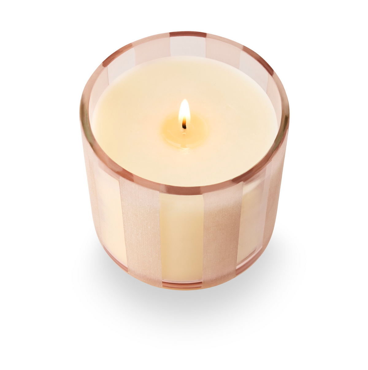 Clear pink striped etched glass candle holder with centered flame