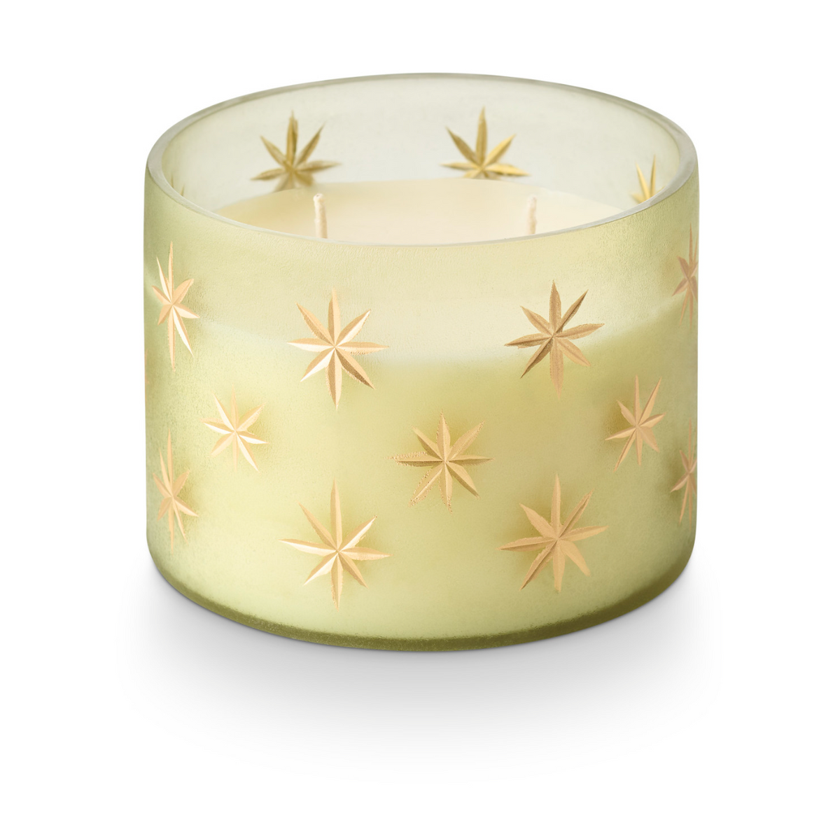 Frosted glass star candle in pale green with gold star pattern