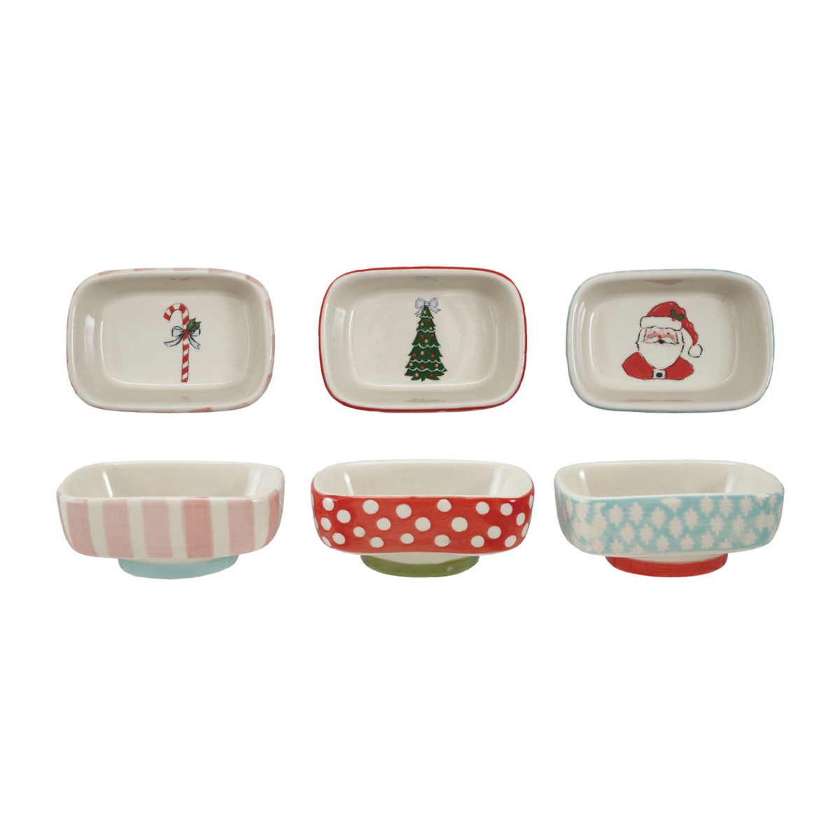 Holiday footed dish set: white ceramic trays with Santa, tree, and striped/polka holiday prints