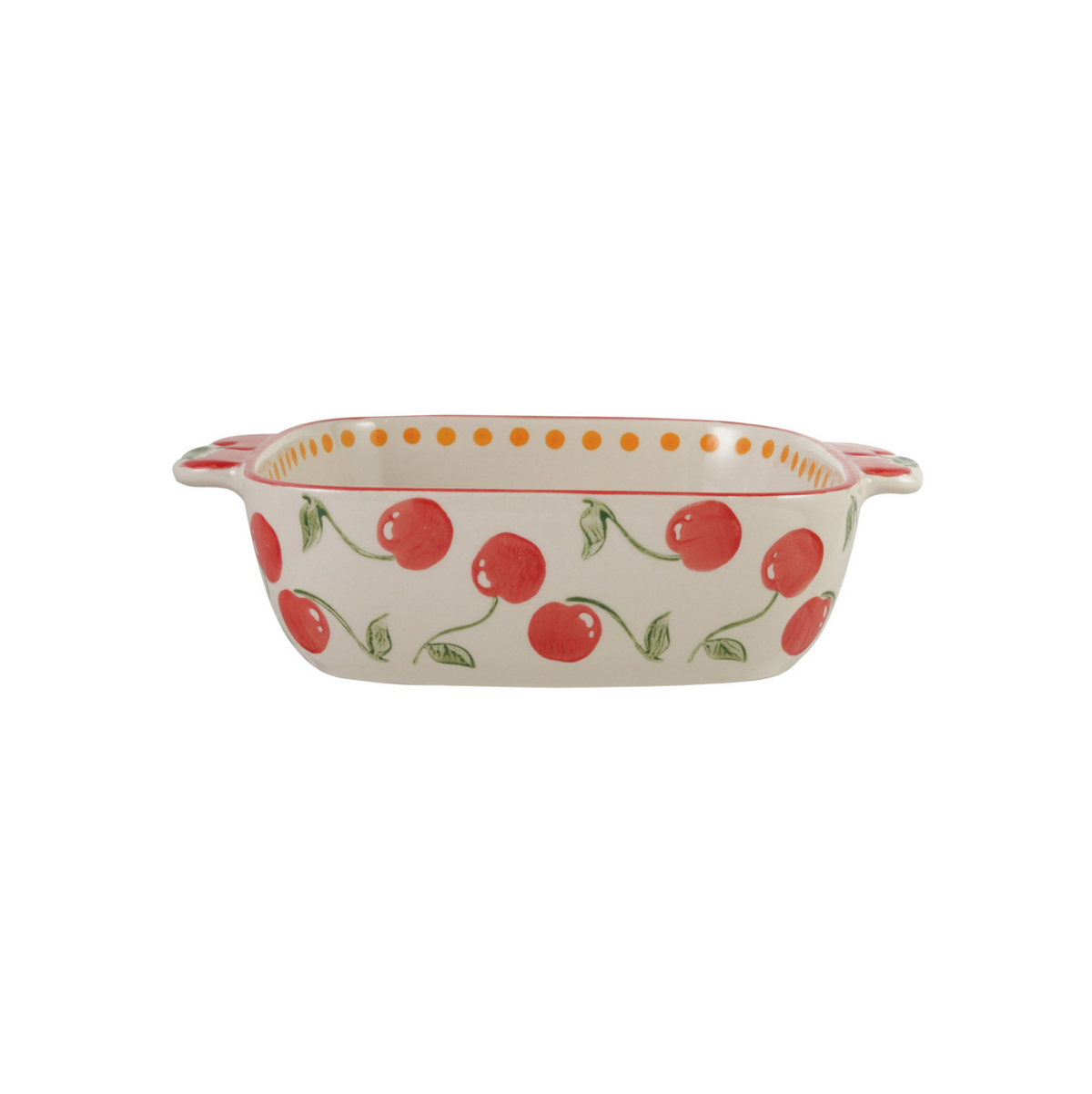 Cherry-pattern stoneware baking dish with oval shape and side handles