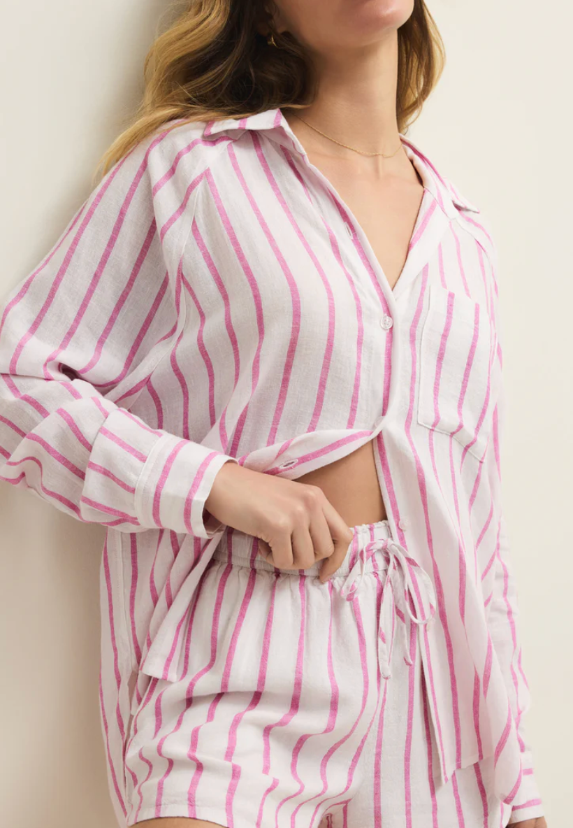 Perfect Linen Striped Top - Spanish Rose