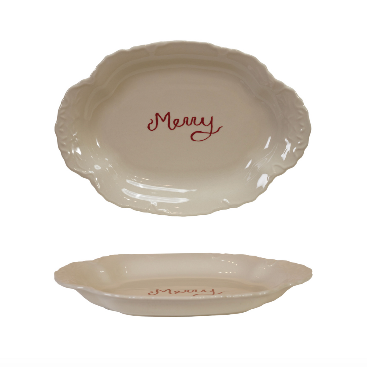 Cream stoneware scalloped platter with red 'Merry' lettering on center