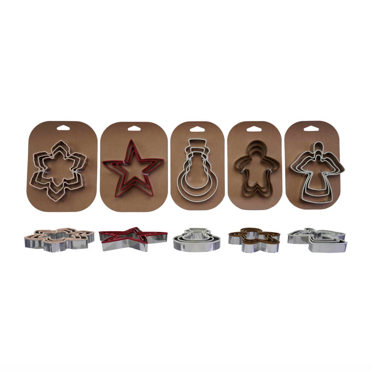 Holiday cookie cutter set with snowflake, star, snowman, gingerbread, and angel shapes