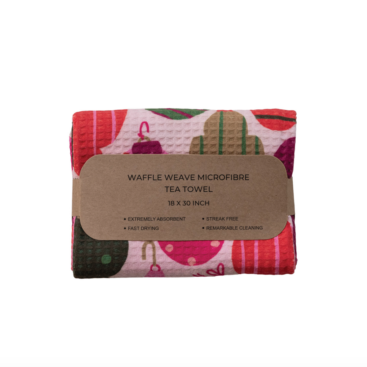 Recycled microfiber tea towel with red, green, and cream ornament pattern, waffle weave