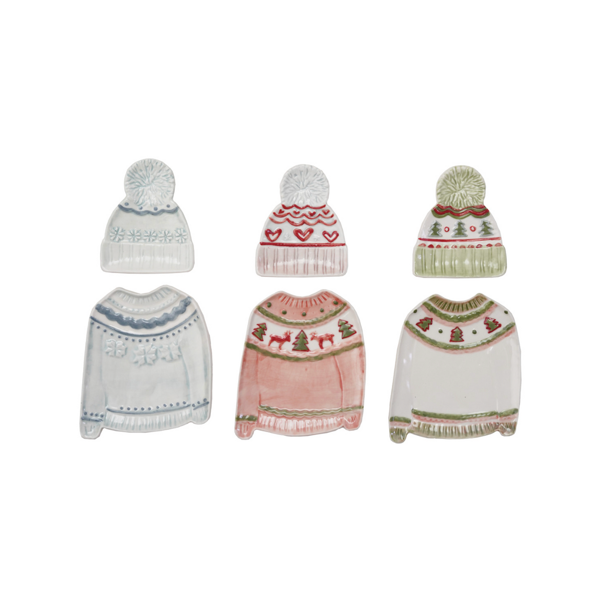 Holiday sweater and hat dish set, blue pink green, six piece ceramic-shaped dishes