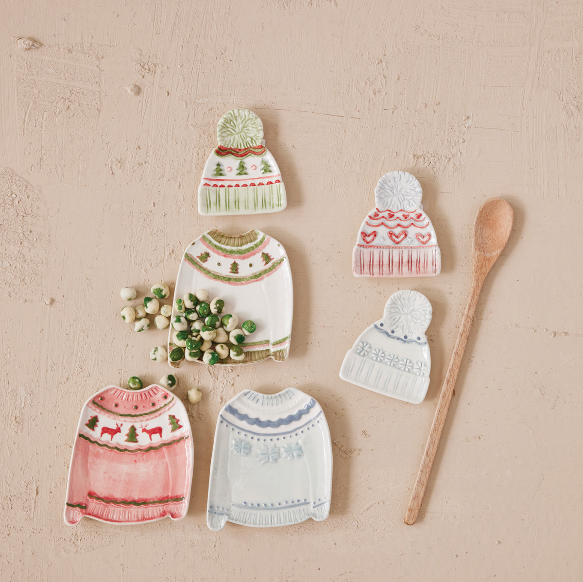 Holiday sweater and hat dish set, assorted colors, six ceramic-shaped dish pieces