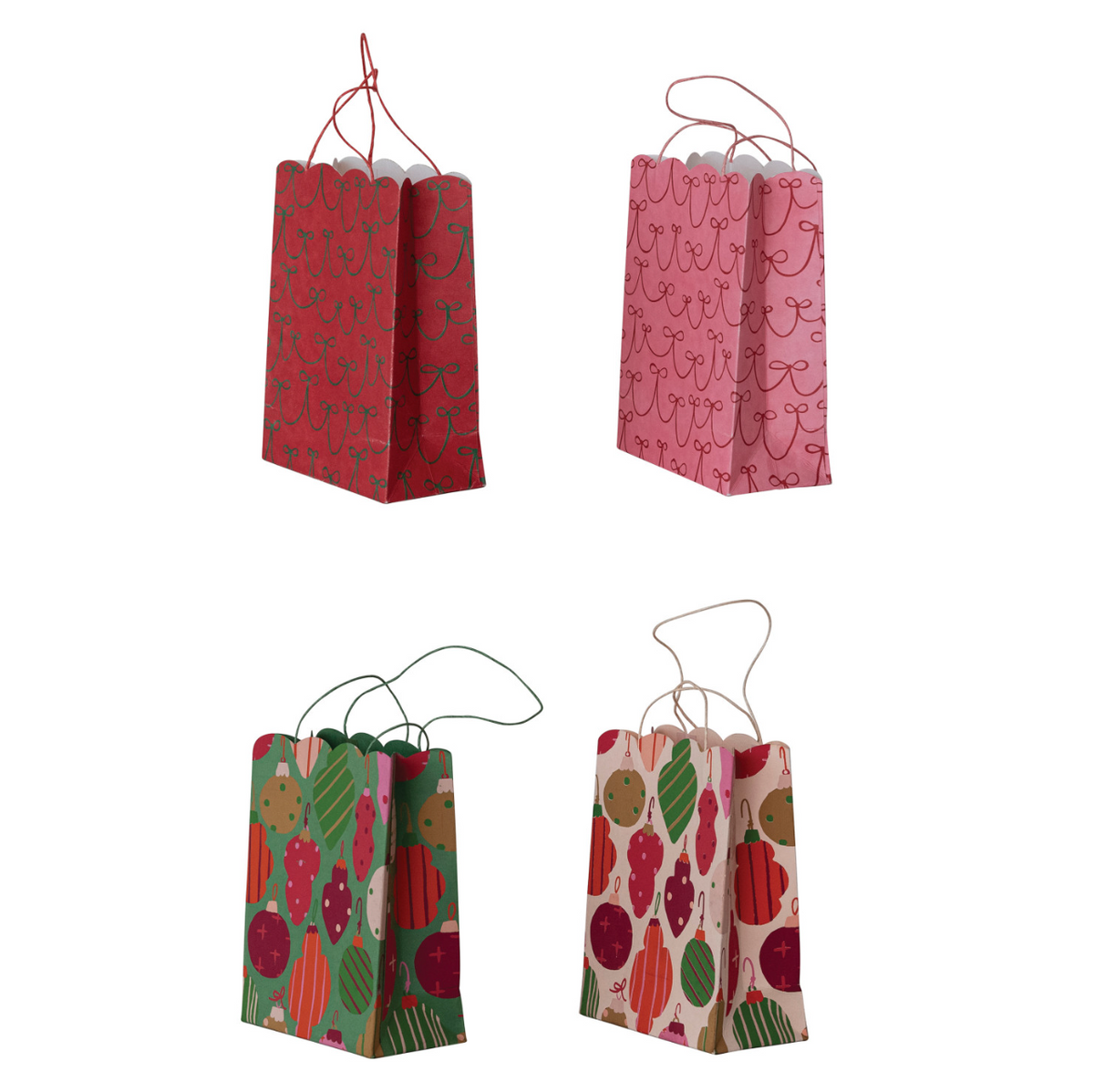 Scalloped holiday gift bags: red and pink solid designs, plus fruit-pattern bags.