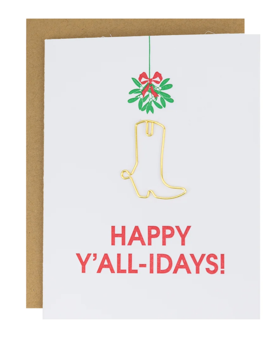 Holiday paper clip card with gold boot clip, red HAPPY and Y'ALL-IDAYS! text