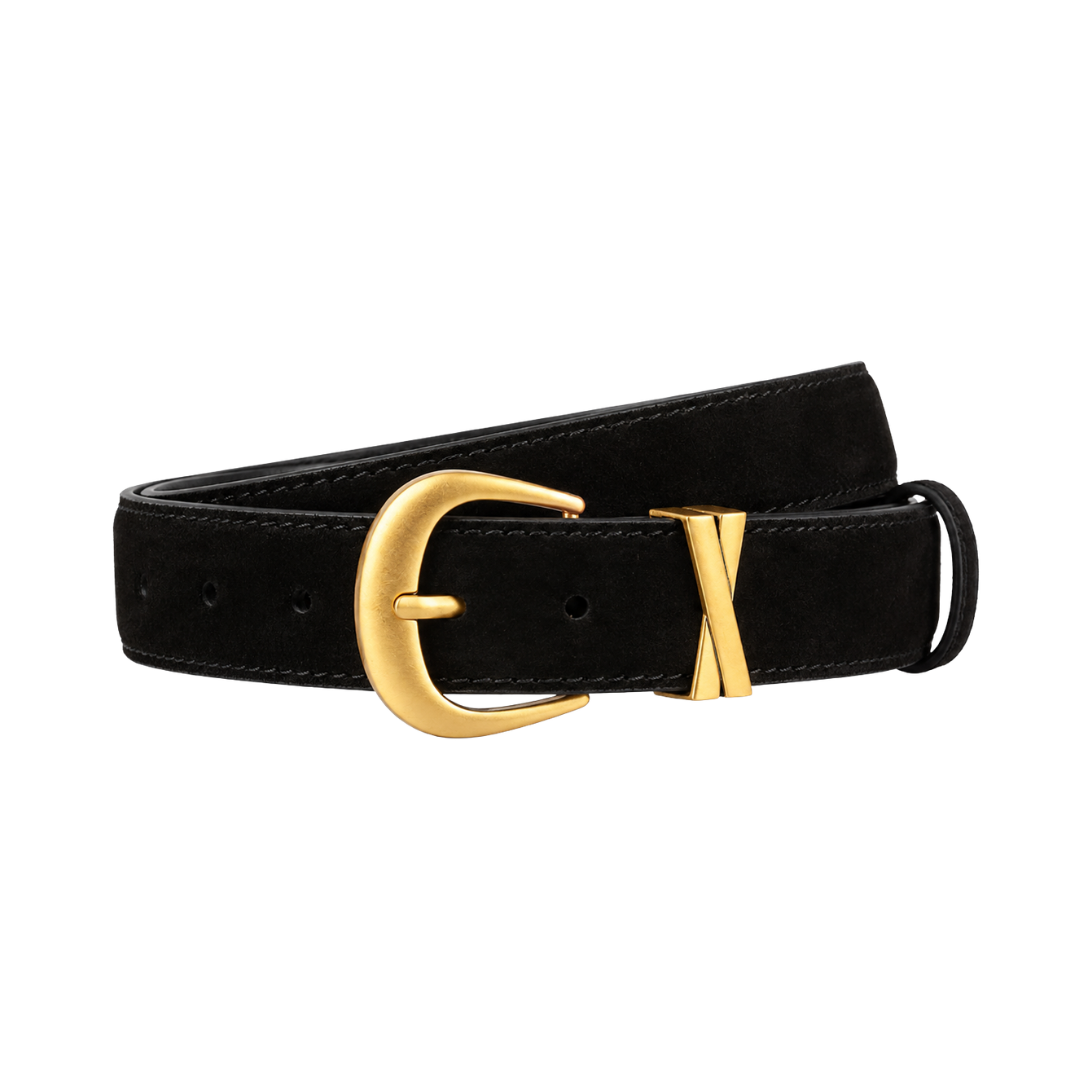 Black suede belt with gold-tone buckle and keeper, single-prong closure