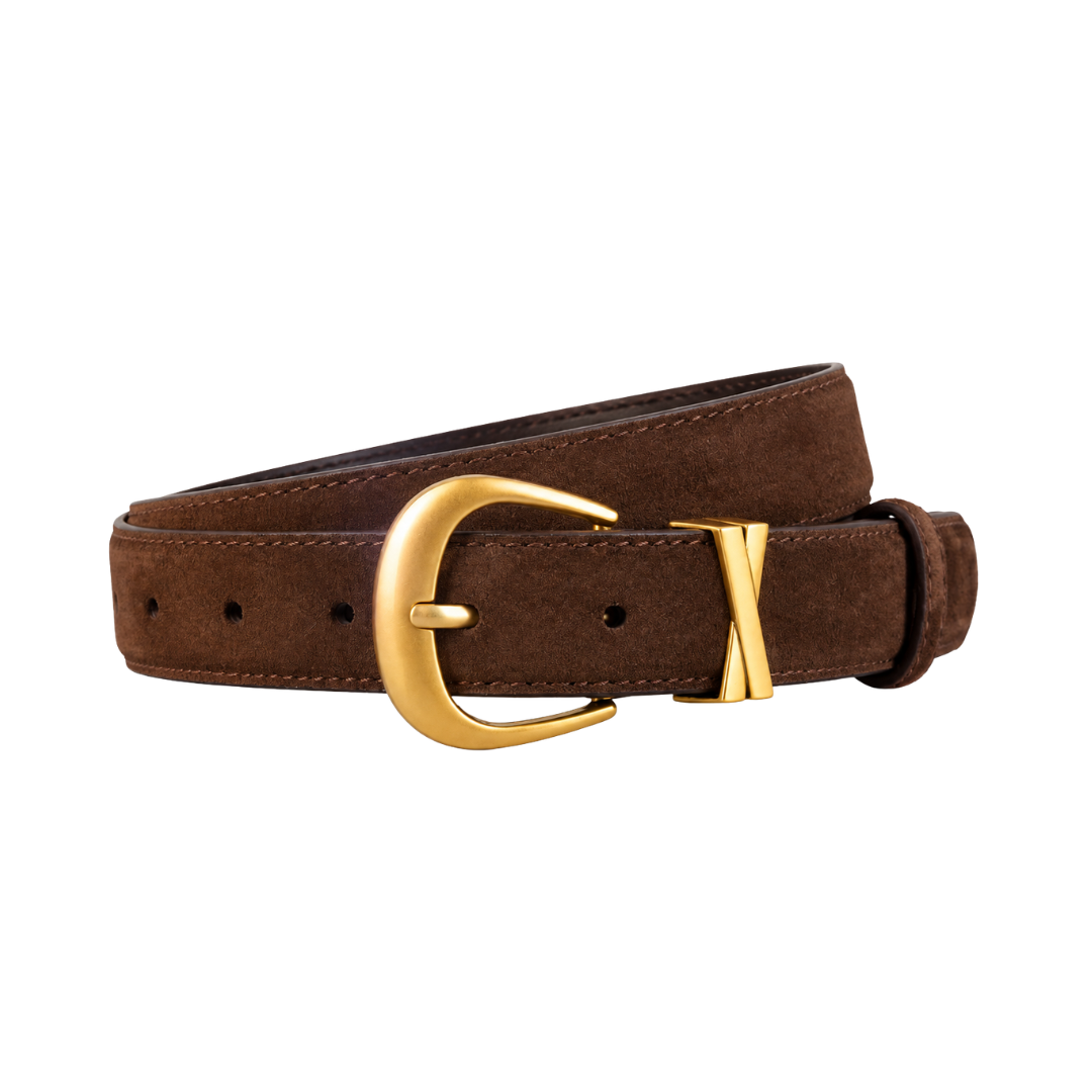 Dark brown suede belt with gold-tone buckle and keeper, single-prong closure