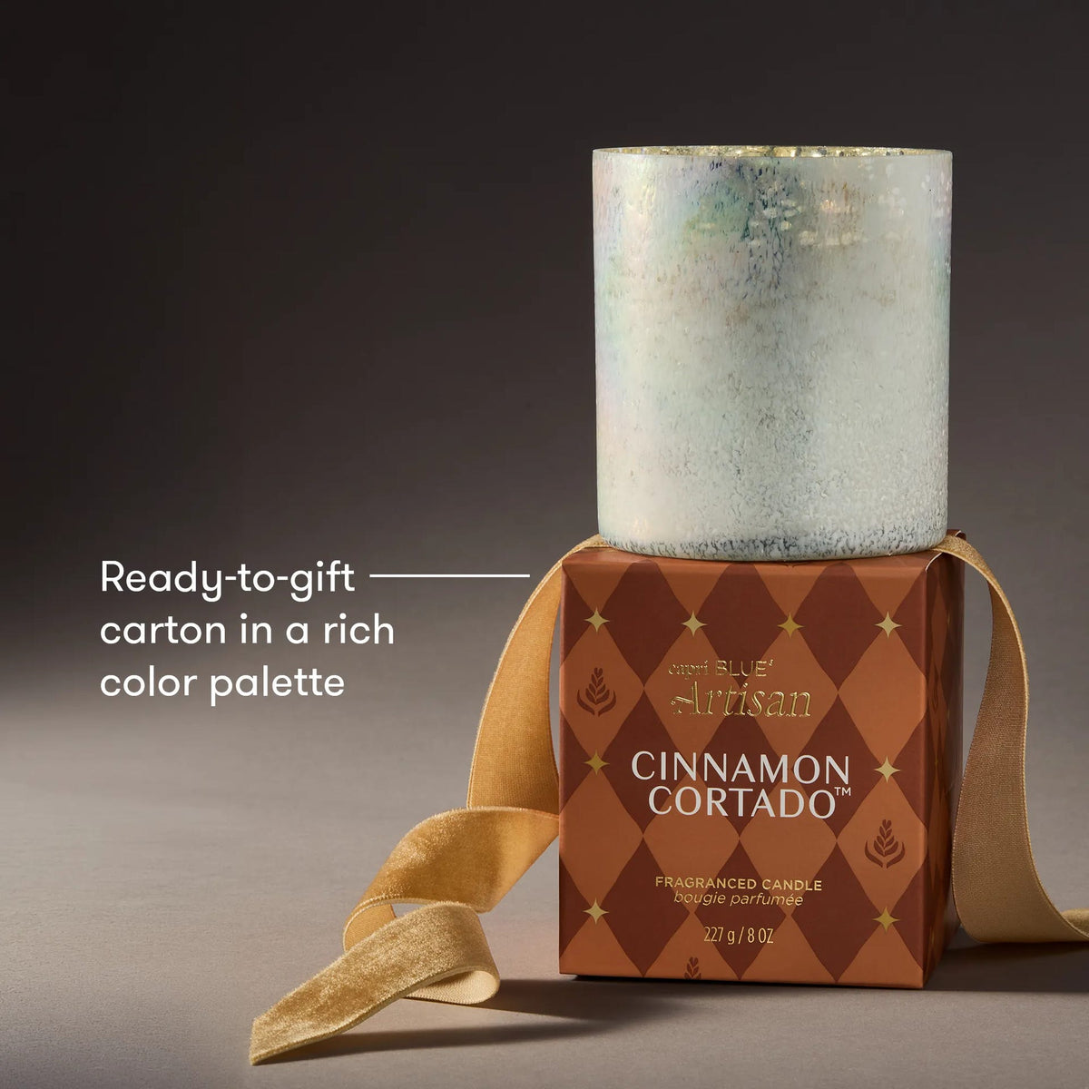 Boxed gift set with ribbon and frosted silver-gray tumbler candle
