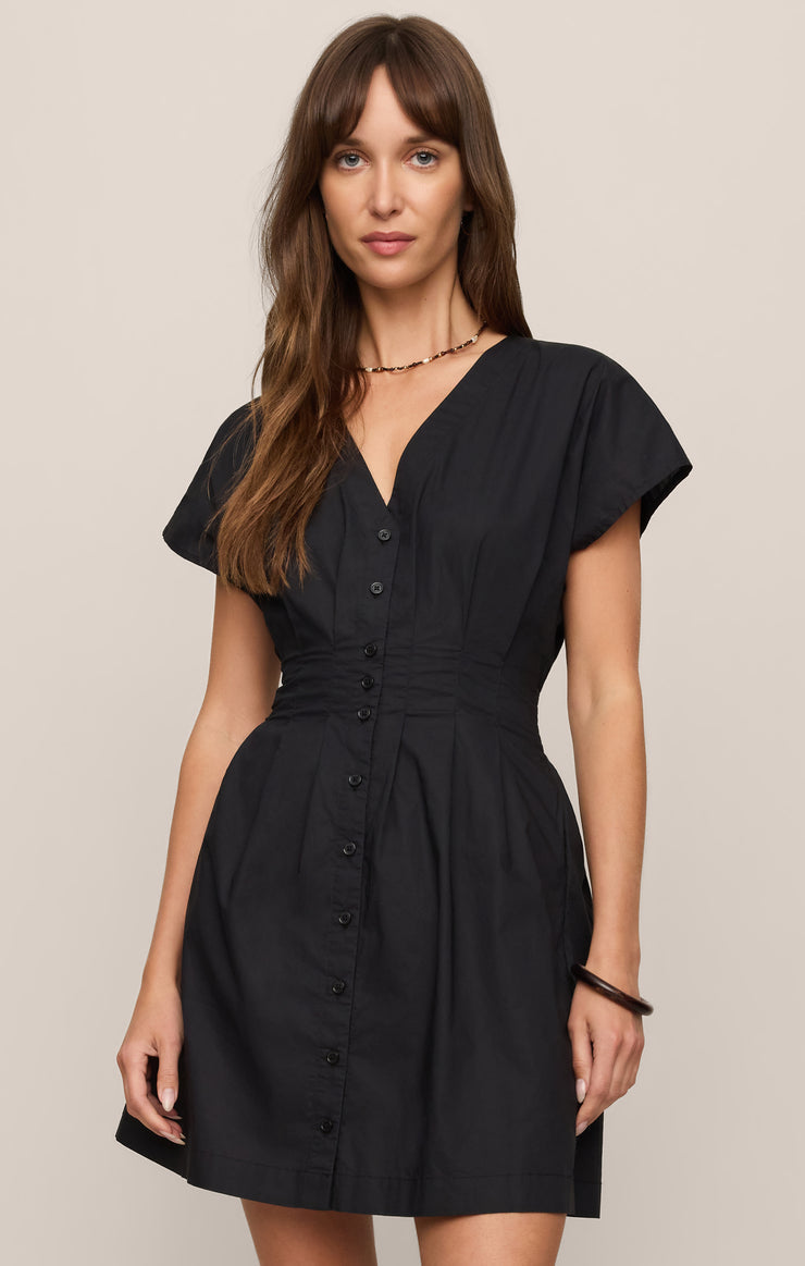 Black poplin mini dress with V-neck, front buttons, short sleeves, gathered waist