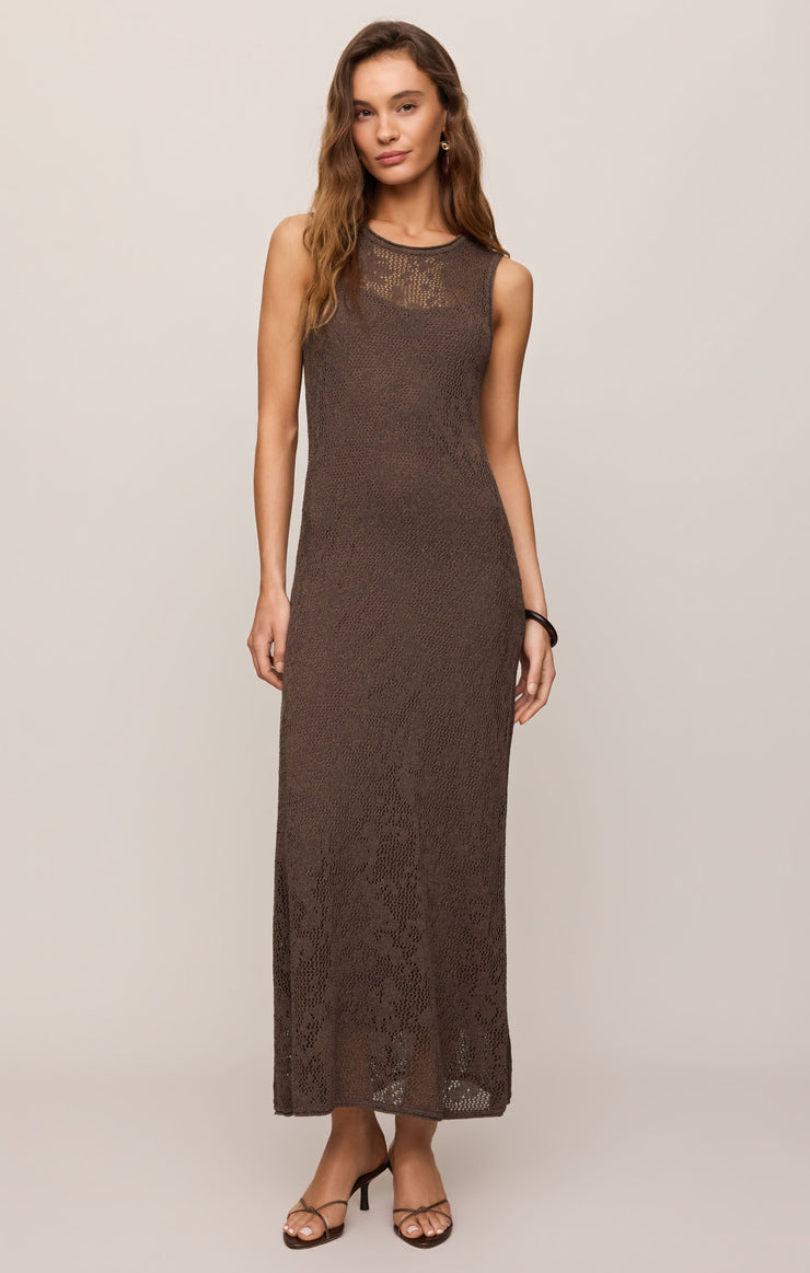 Brown sleeveless midi dress with round neckline, slim fit and textured lace pattern