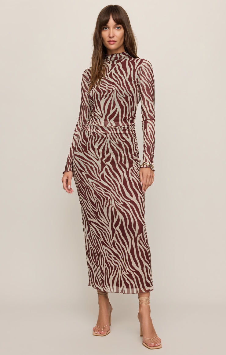Zebra mesh midi sheath dress with high neck, long sleeves, and zebra stripe print