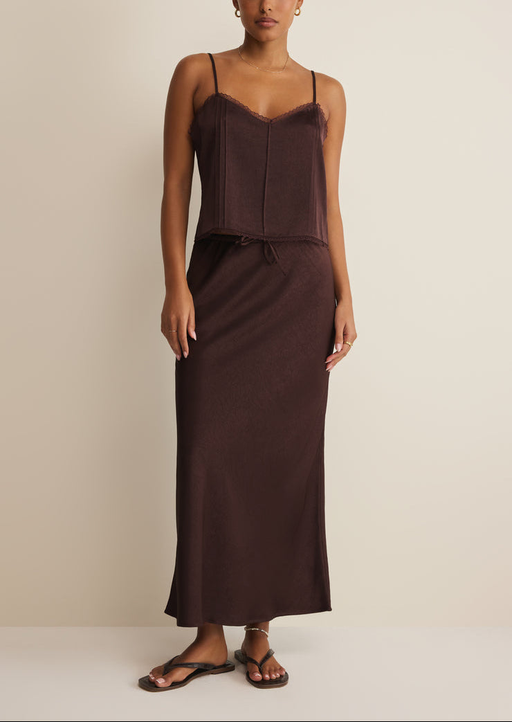 Viva Satin Midi Skirt - Chocolate Cherry