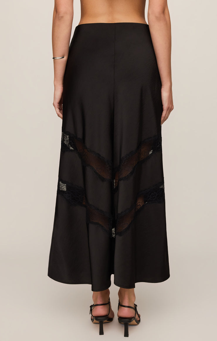 Black midi skirt with lace chevron panel at back hem