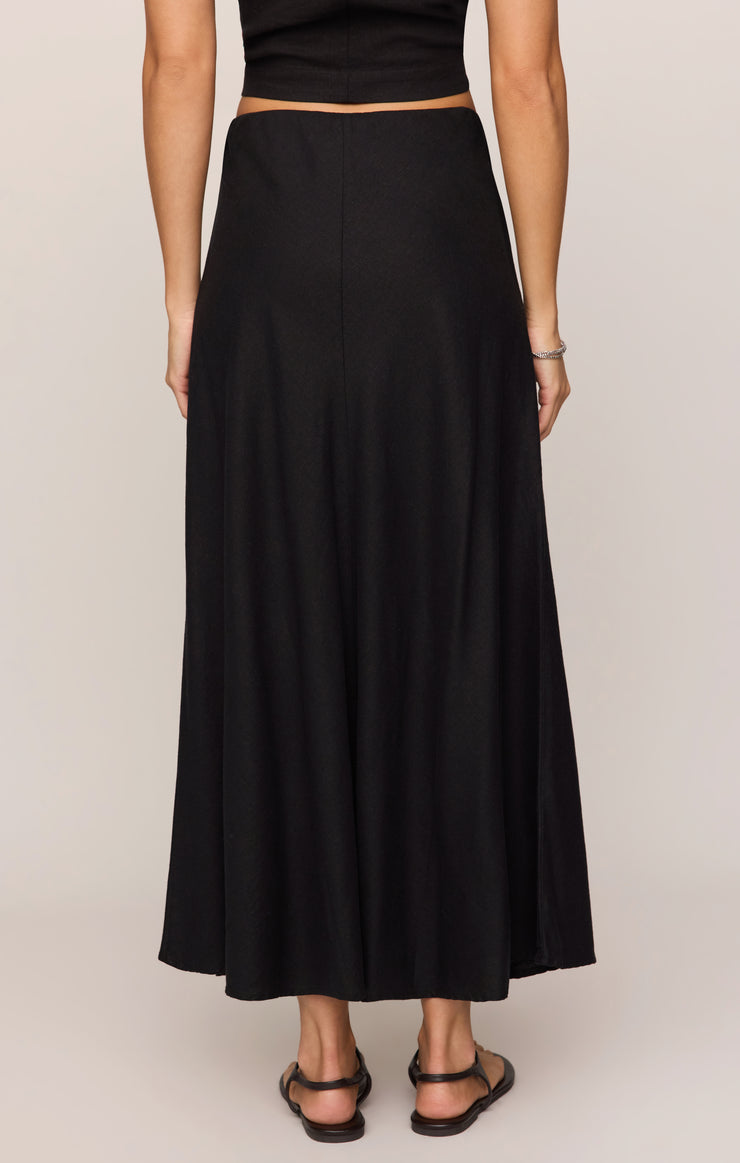 Black midi skirt with draped pleats and elastic waistband