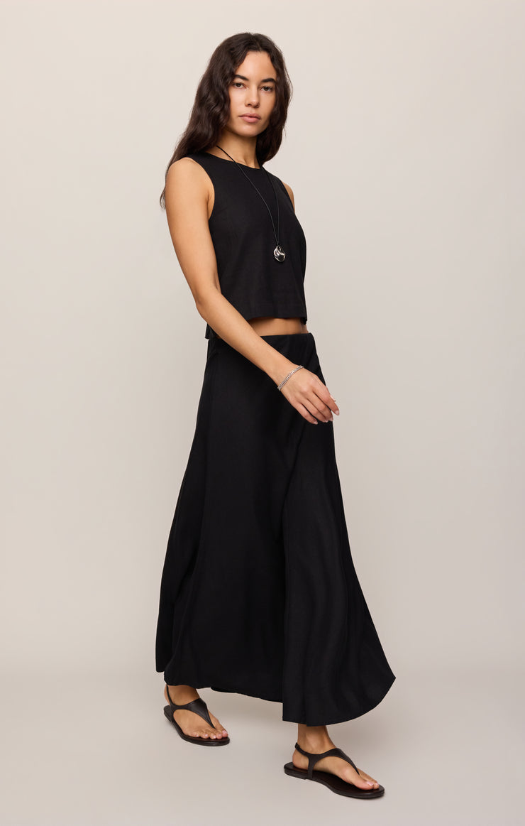Black midi skirt with full flare and front seam detail