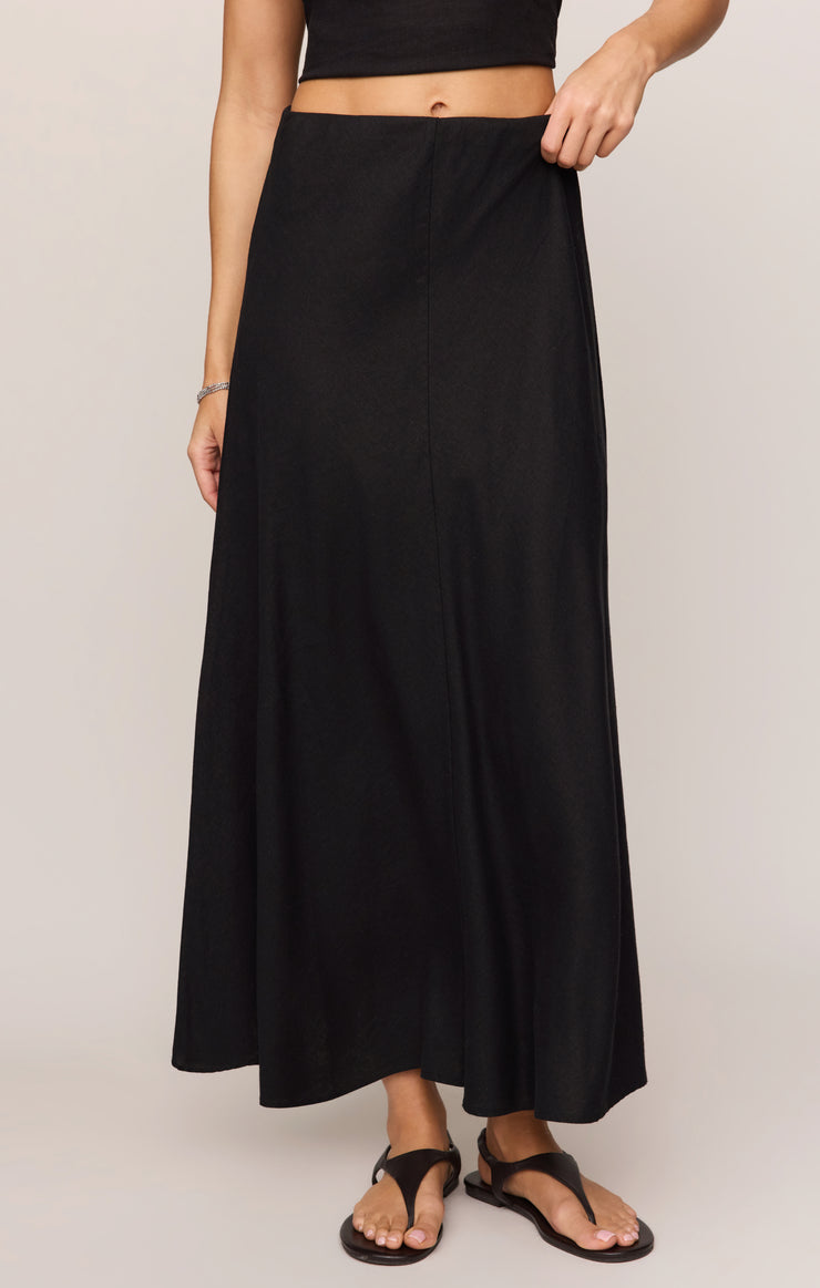 Black midi skirt with elastic waistband and flowy A-line silhouette