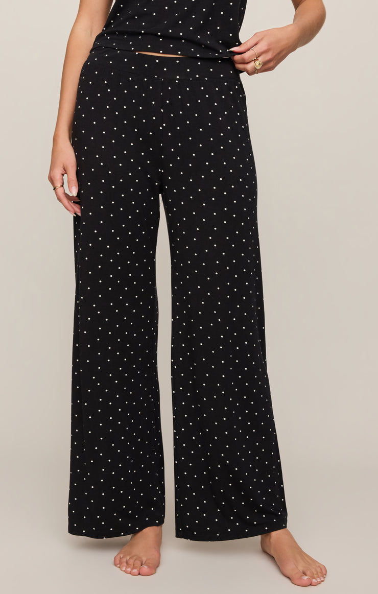 Luxe dot pants, black with small white polka dots, wide-leg relaxed fit