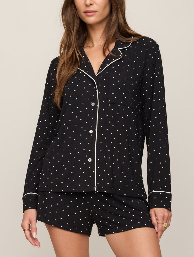 Luxe dot pajama top in black with white polka dots, button-front and notch collar