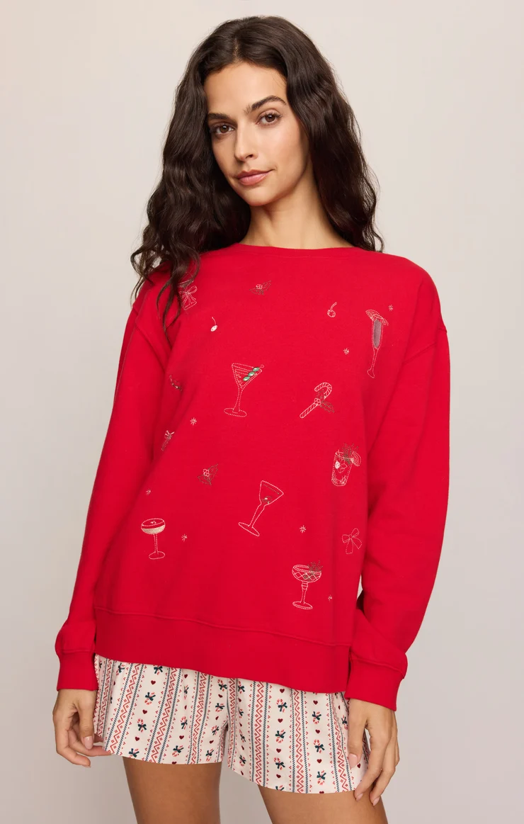 Ruby red sweatshirt with festive embroidered drink icons, ribbed hem and cuffs
