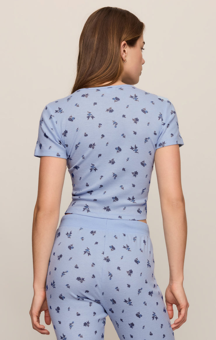 Light blue ditsy-print tee with crew neck and short sleeves, back view