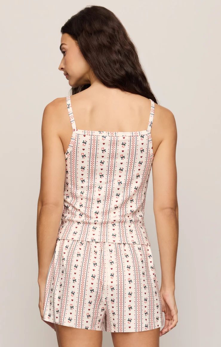 Cami dress with white base, red stripe and candy cane print, open back