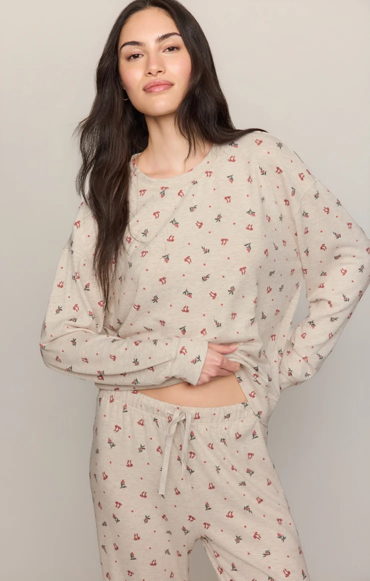 Light oatmeal pajama set with long-sleeve top and matching drawstring pants