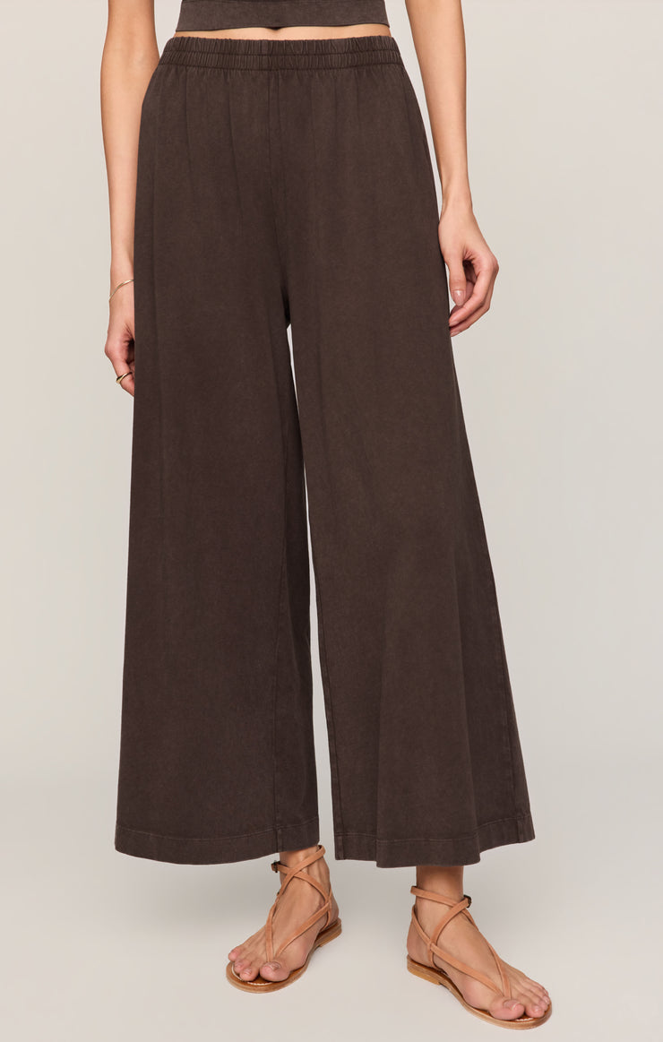 Dark brown jersey wide-leg pants with elastic waistband
