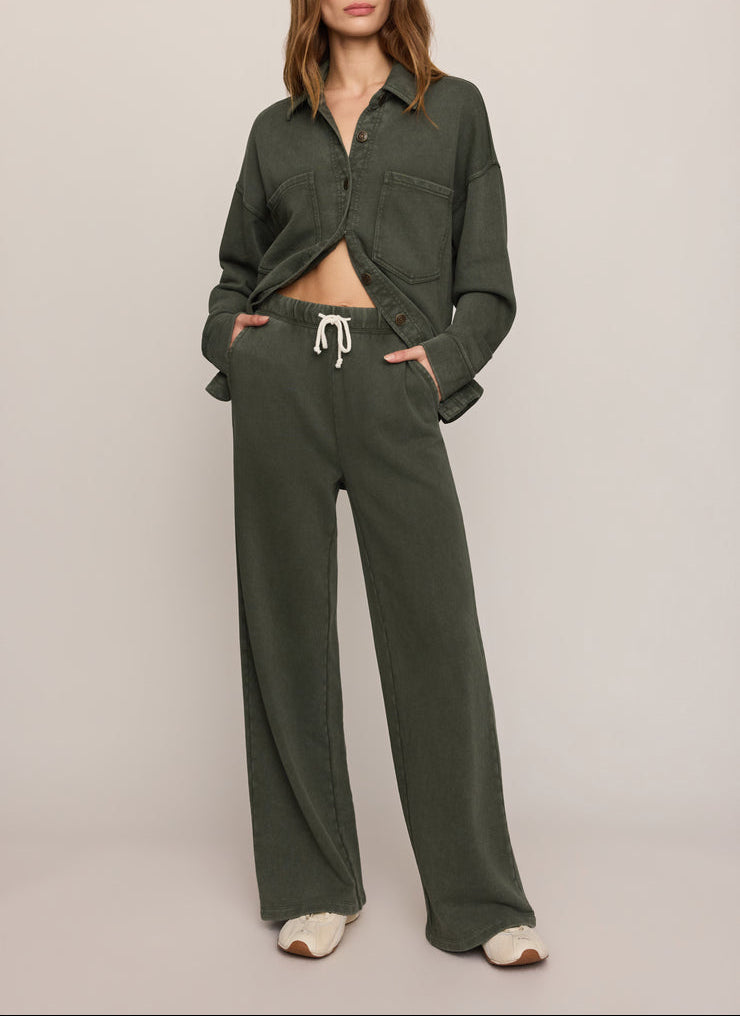 Olive knit wide-leg pants with drawstring waist and side pockets