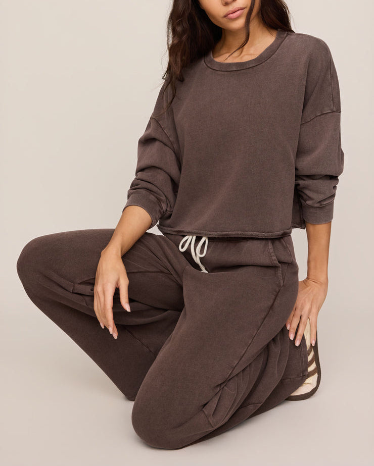 Hunter knit pants, dark brown lounge pants with drawstring tie and elastic waistband