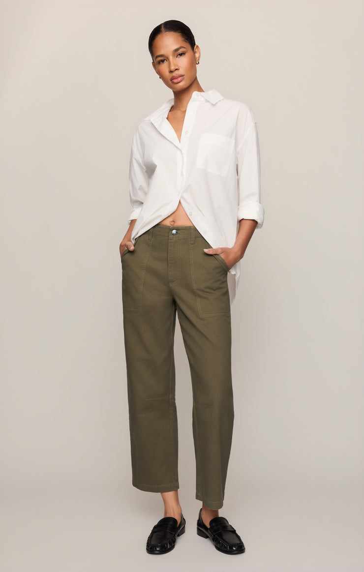 Olive utility pants, high-rise cropped wide leg with front pockets