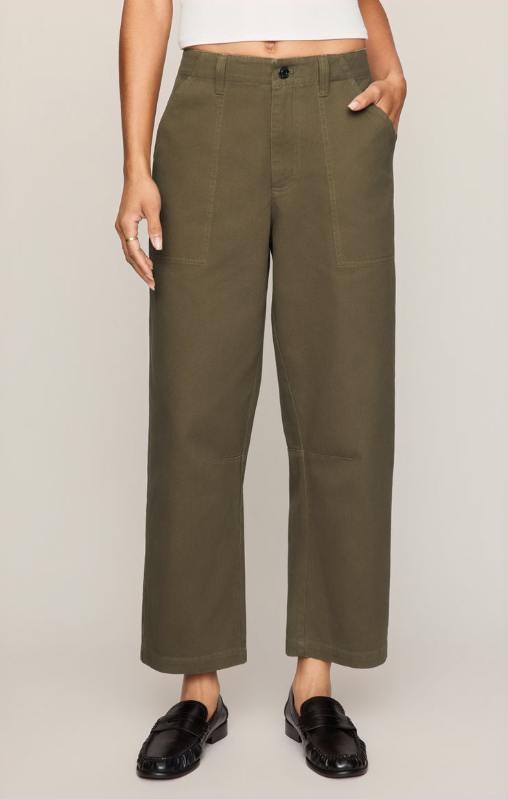 Olive utility pants, cropped wide leg, button waist, front and side pockets