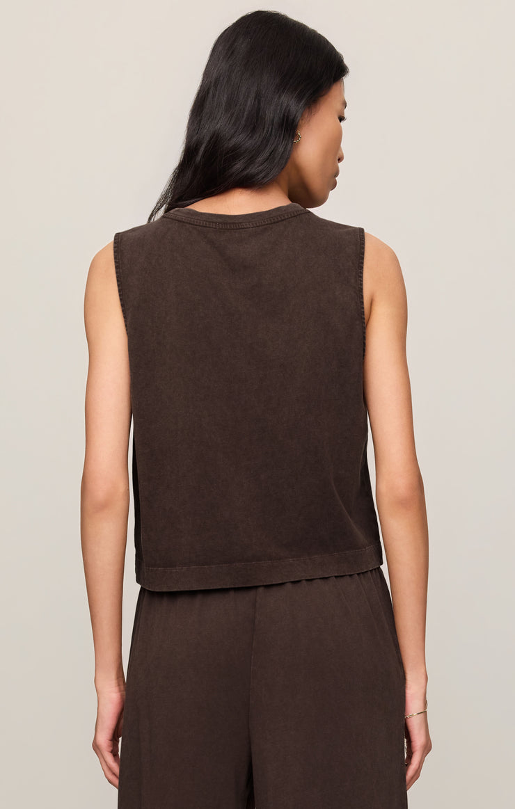Sloane jersey muscle tank in dark chocolate, sleeveless with scoop back, straight hem
