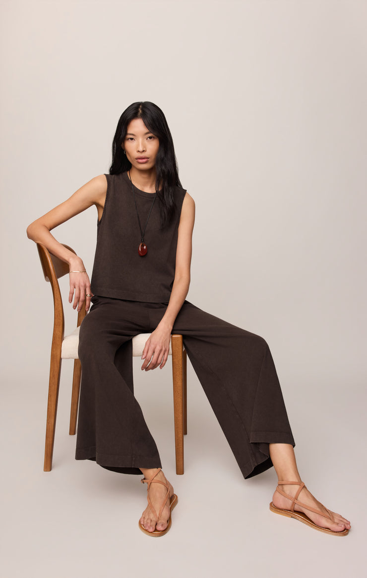 Sloane jersey muscle tank with wide-leg pants in dark chocolate, sleeveless crew neck